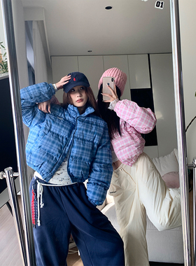 JMJ 2024秋冬季美式格子立领短款棉服女小个子粉色保暖面包服外套