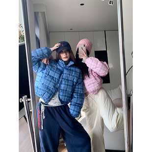 格子立领短款 美式 棉服女小个子粉色保暖面包服外套 2024秋冬季 JMJ