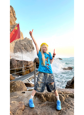 JMJ美式复古水洗破洞时髦牛仔五分裤男女夏宽松休闲百搭潮流短裤