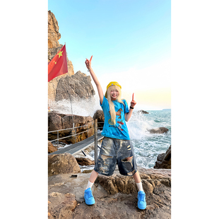 男女夏宽松休闲百搭潮流短裤 JMJ美式 复古水洗破洞时髦牛仔五分裤