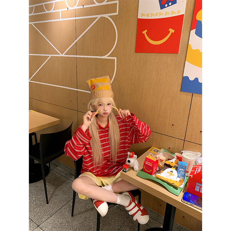 JMJ 美式慵懒风拼色条纹长袖T恤男女简约宽松休闲百搭套头打底衫