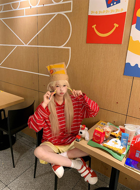 JMJ 美式慵懒风拼色条纹长袖T恤男女简约宽松休闲百搭套头打底衫