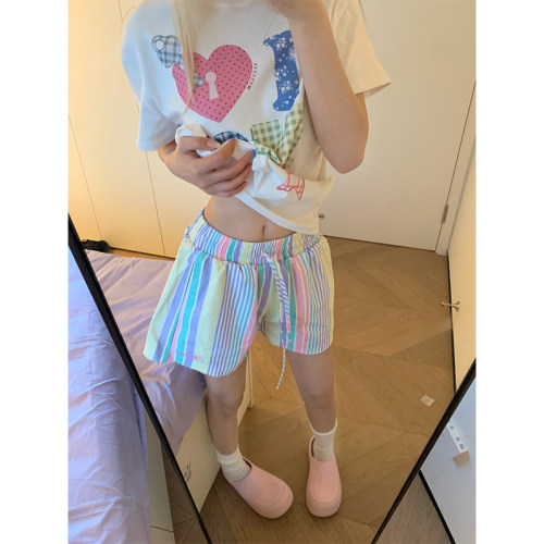 JMJ 美式彩虹条纹字母刺绣松紧腰三分裤女宽松休闲阔腿百搭短裤