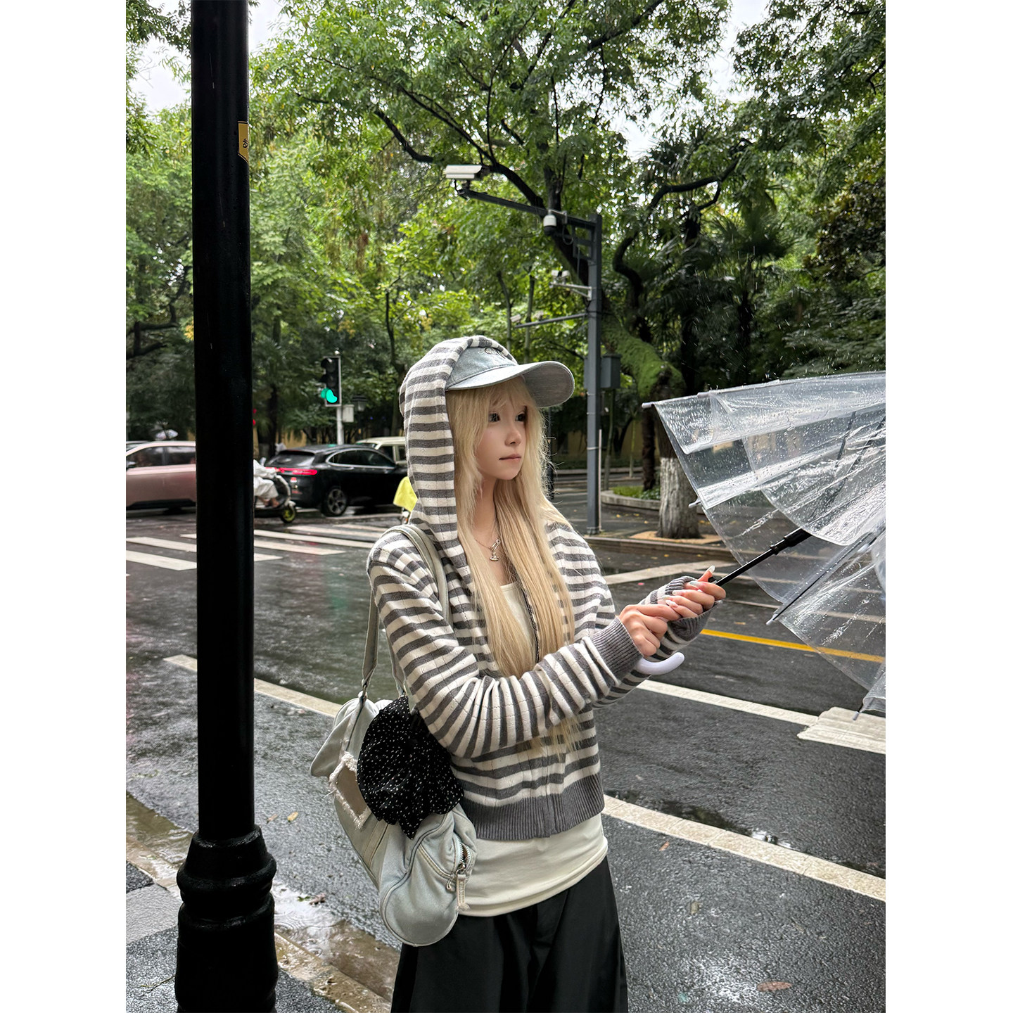 JMJ 美式慵懒风条纹连帽长袖针织开衫男女秋宽松百搭毛衣外套