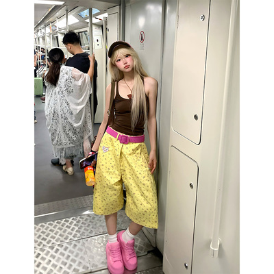 JMJ美式复古碎花满印阔腿七分裤男女夏季宽松休闲百搭多巴胺短裤