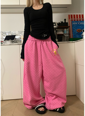 JMJ 美式复古波点满印阔腿卫裤男女宽松休闲慵懒垂感直筒长裤