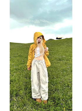 JMJ 美式复古高街大口袋阔腿工装裤男女宽松休闲百搭直筒拖地长裤