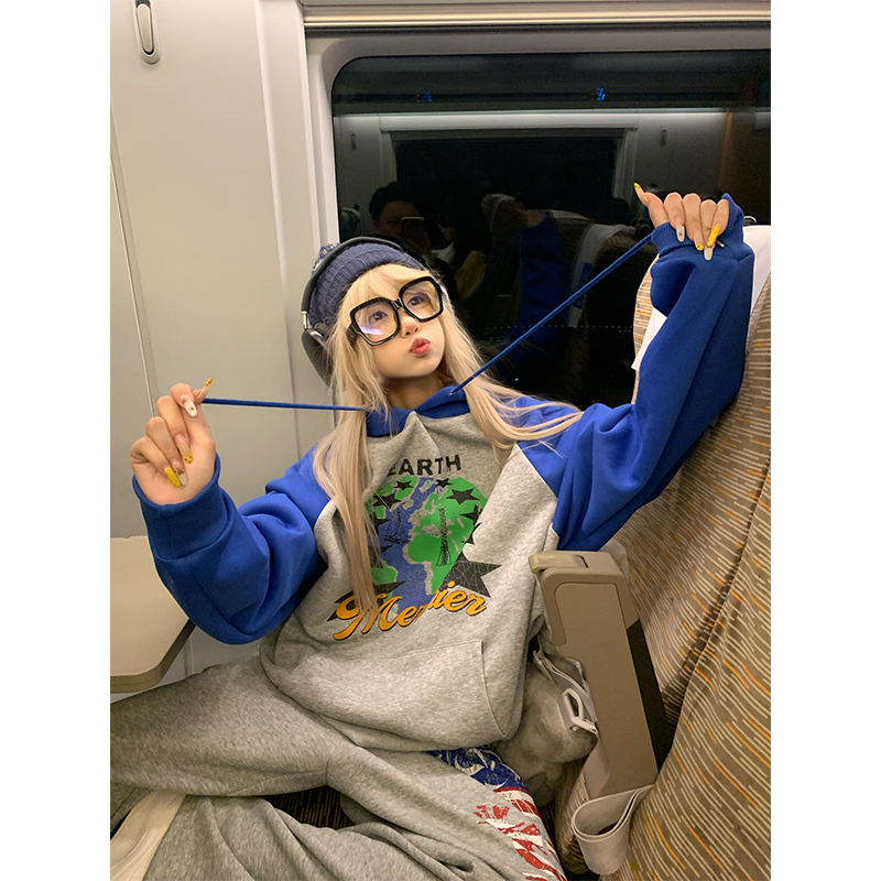 JMJ 美式设计感印花拼色插肩袖连帽卫衣男女春秋宽松百搭套头帽衫