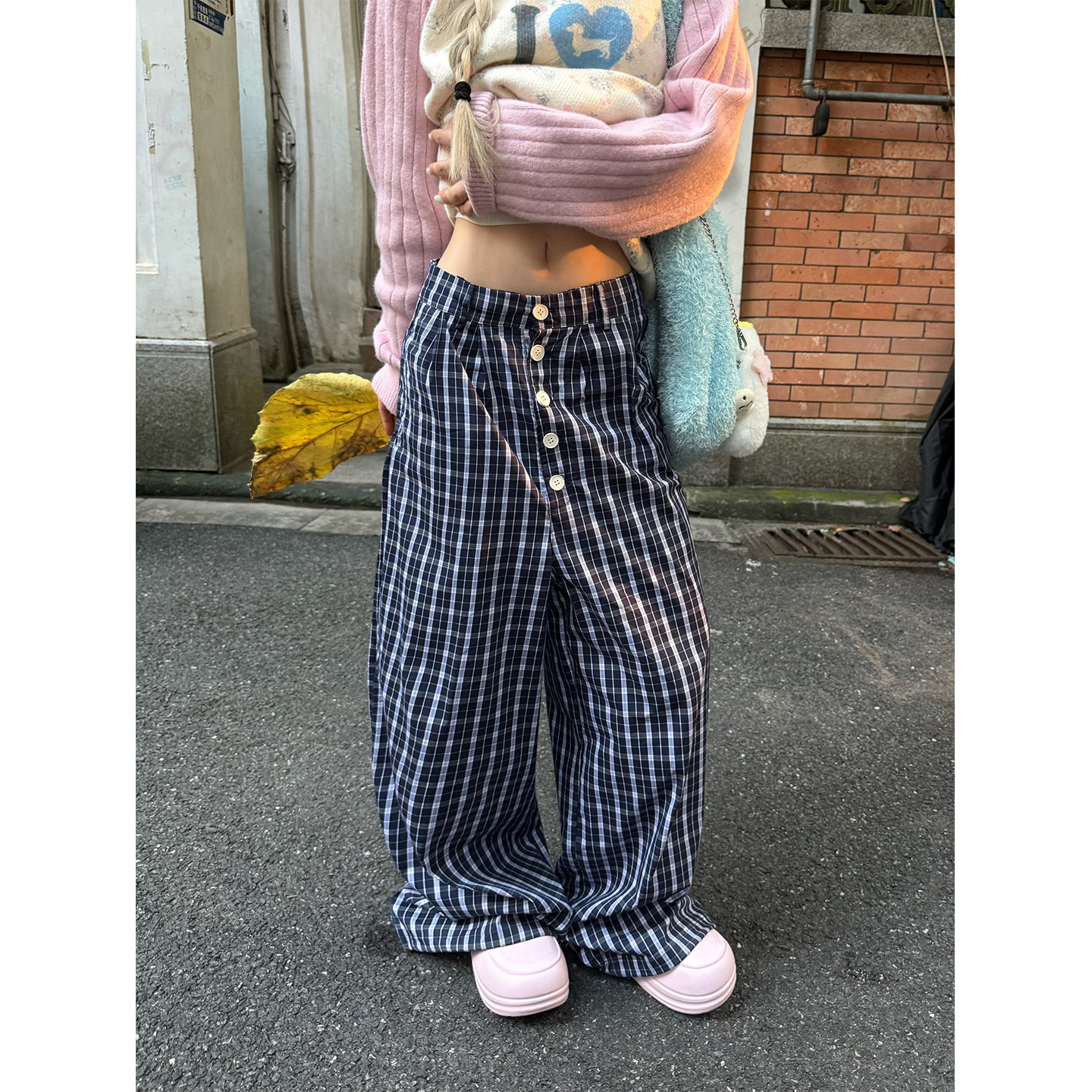 JMJ 美式复古排扣设计感格子休闲裤男女宽松百搭显瘦直筒拖地长裤