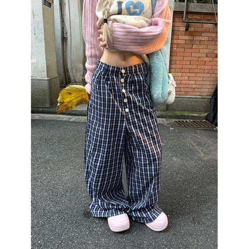 JMJ 美式复古排扣设计感格子休闲裤男女宽松百搭显瘦直筒拖地长裤