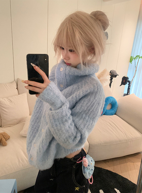 JMJ 韩系软糯翻领针织开衫毛衣男女春秋宽松休闲百搭保暖毛衫外套