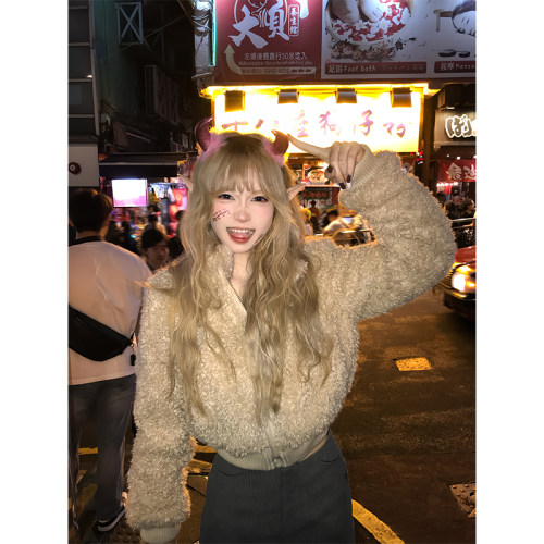 JMJ 美式复古字母绣花毛绒短款棉衣男女秋冬休闲百搭保暖外套