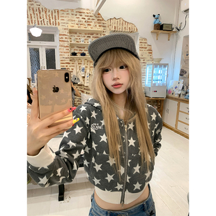 JMJ 美式复古星星连帽开衫短款卫衣男女春秋休闲百搭ins短款外套