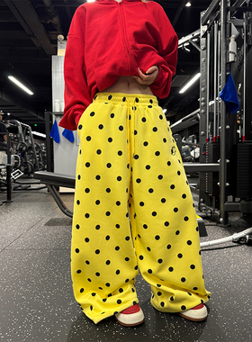 JMJ 美式复古波点满印加绒阔腿卫裤男女宽松休闲百搭直筒拖地长裤