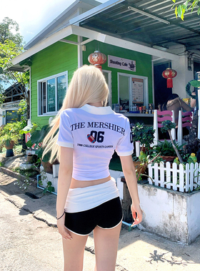 JMJ美式复古字母印花POLO领短袖T恤女夏季宽松休闲运动百搭短上衣