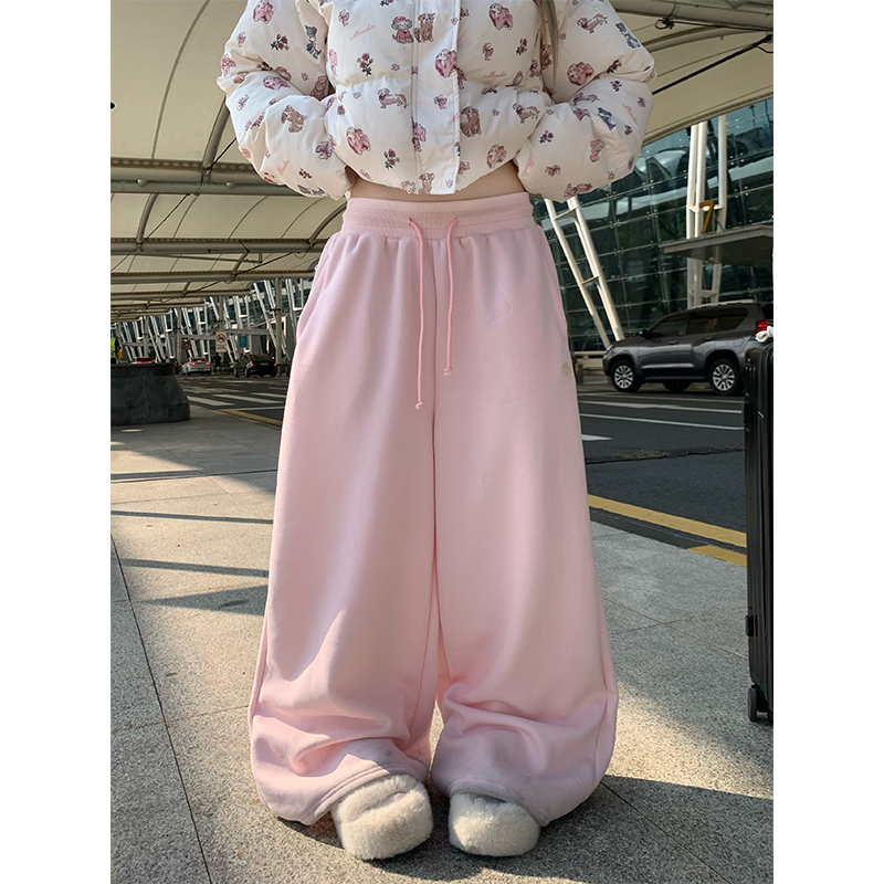 JMJ 美式复古简约基础款阔腿抽绳卫裤男女宽松休闲百搭拖地长裤