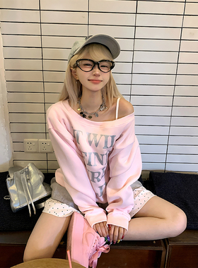 JMJ自制美式复古字母印花斜肩长袖卫衣男女春秋宽松休闲百搭上衣