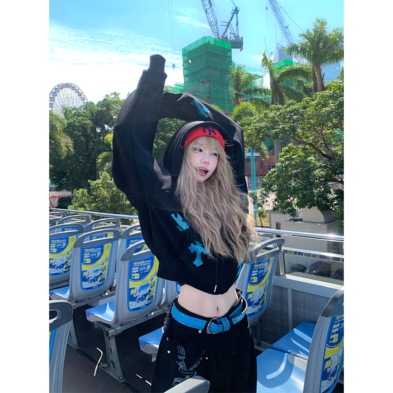 JMJ 美式烫钻十字架连帽开衫卫衣男女秋季宽松百搭潮牌帽衫外套