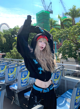 JMJ 美式烫钻十字架连帽开衫卫衣男女秋季宽松百搭潮牌帽衫外套