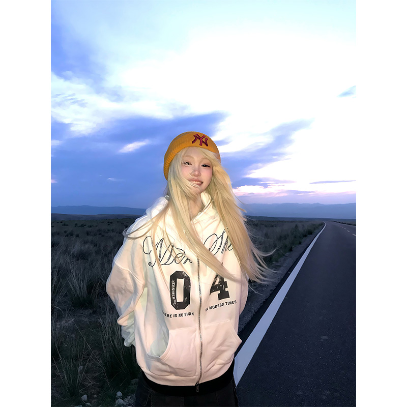 JMJ 美式复古数字印花连帽卫衣男女春秋宽松休闲百搭帽衫外套