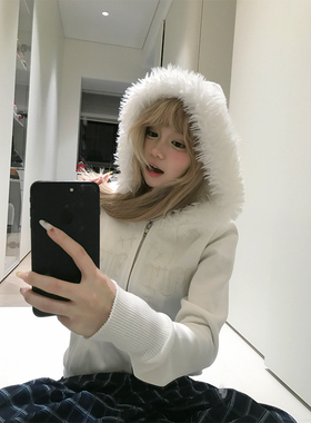 JMJ 美式小众哥特刺绣毛领连帽卫衣开衫男女秋季宽松休闲百搭外套