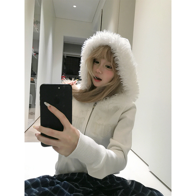 JMJ 美式小众哥特刺绣毛领连帽卫衣开衫男女秋季宽松休闲百搭外套