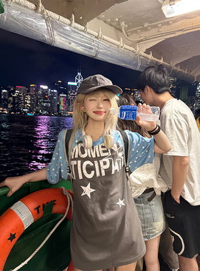 JMJ 美式复古字母印花拼色波点插肩短袖T恤男女夏季宽松休闲上衣