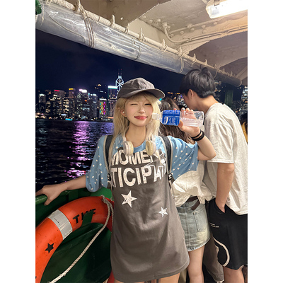 JMJ 美式复古拼色波点字母印花短袖T恤男女夏季宽松休闲百搭上衣