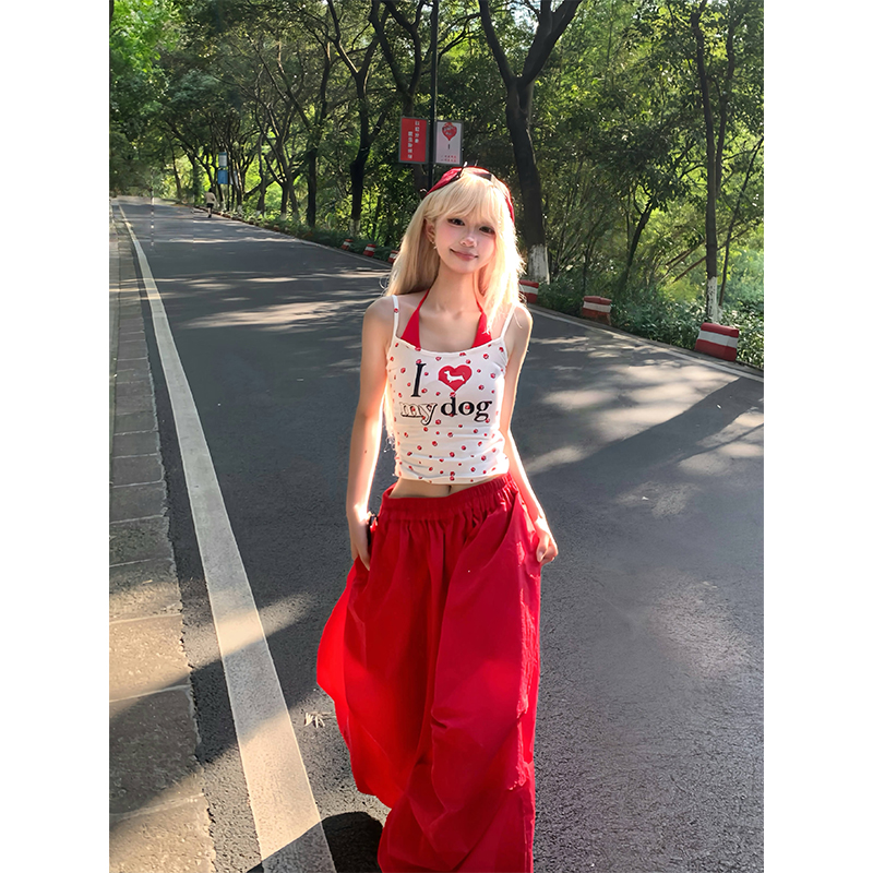 JMJ 美式假两件狗爪爱心字母印花吊带背心夏季辣妹外穿显瘦上衣