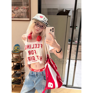 JMJ美式字母印花斜领短袖T恤女辣妹夏季休闲百搭露肩设计感短上衣