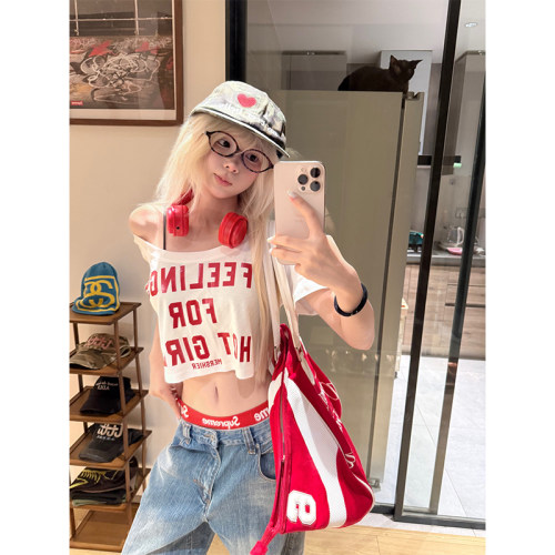JMJ美式字母印花斜领短袖T恤女辣妹夏季休闲百搭露肩设计感短上衣