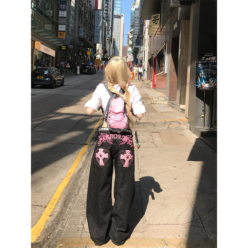 JMJ 美式设计感水洗字母印花铆钉阔腿牛仔裤男女高街休闲直筒长裤