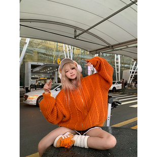 慵懒风麻花针织连帽毛衣男女秋冬宽松潮流百搭多巴胺毛衫 JMJ 美式