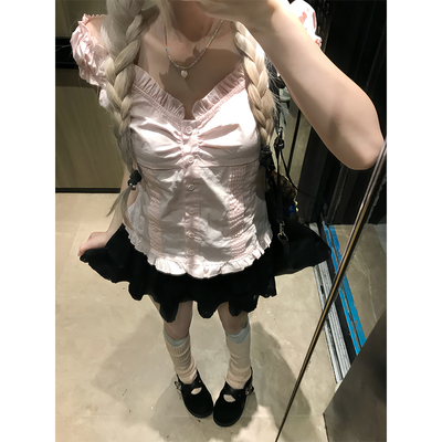 JMJ美式温柔风褶皱荷叶边无袖t恤背心女夏季休闲显瘦百搭小众上衣