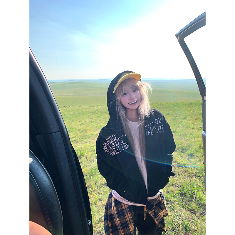 JMJ 美式内里格纹字母印花连帽卫衣男女春秋宽松休闲百搭帽衫外套