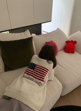 JMJ 美式慵懒风旗帜提花圆领针织毛衣男女秋冬宽松休闲百搭套头衫