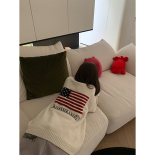 慵懒风旗帜提花圆领针织毛衣男女秋冬宽松休闲百搭套头衫 JMJ 美式