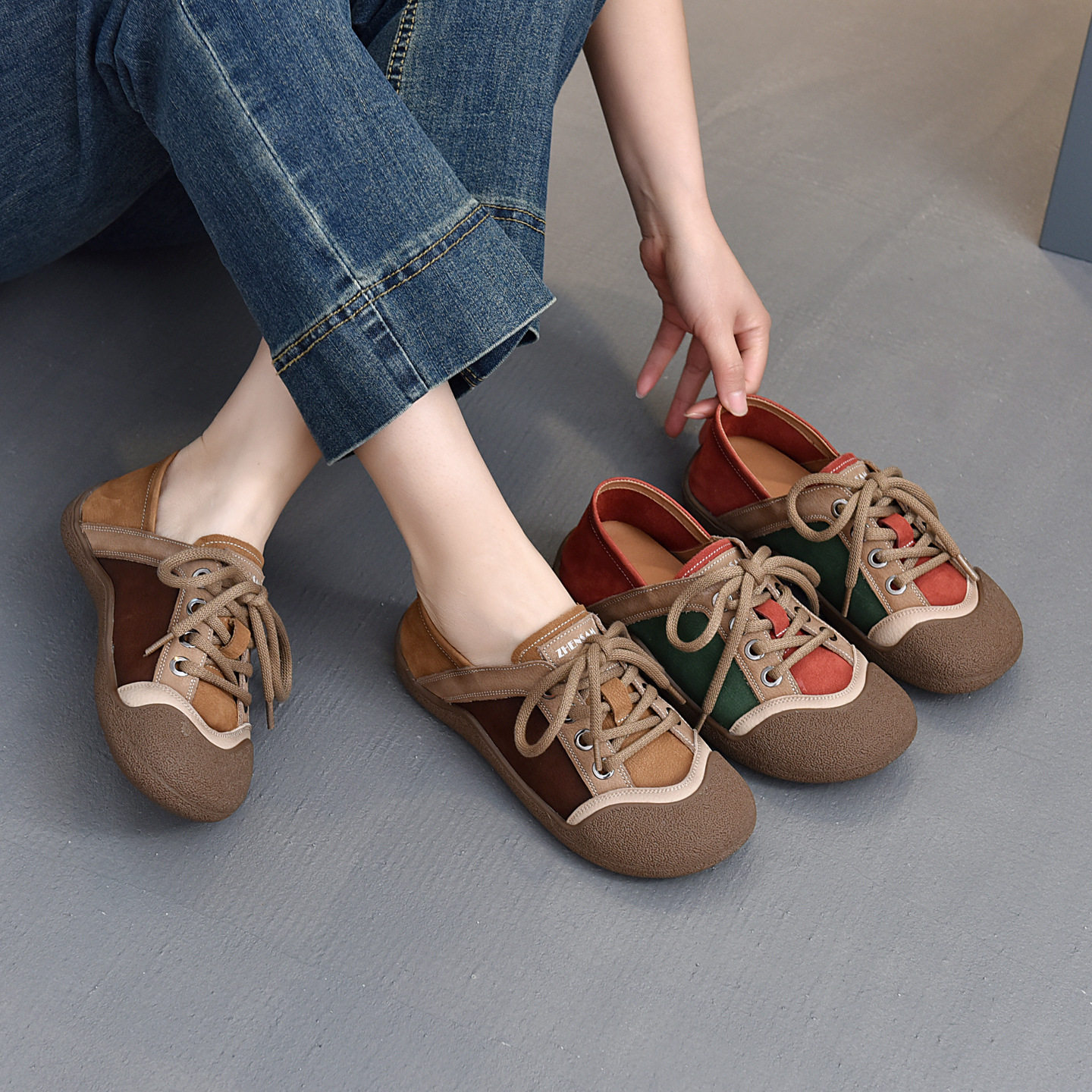 2026春季新款韩版时尚潮流圆头平底女单鞋前系带休闲拼色百搭轻便,女鞋,乐福鞋（豆豆鞋）,淘宝优惠券,粉丝福利购,淘宝优惠卷