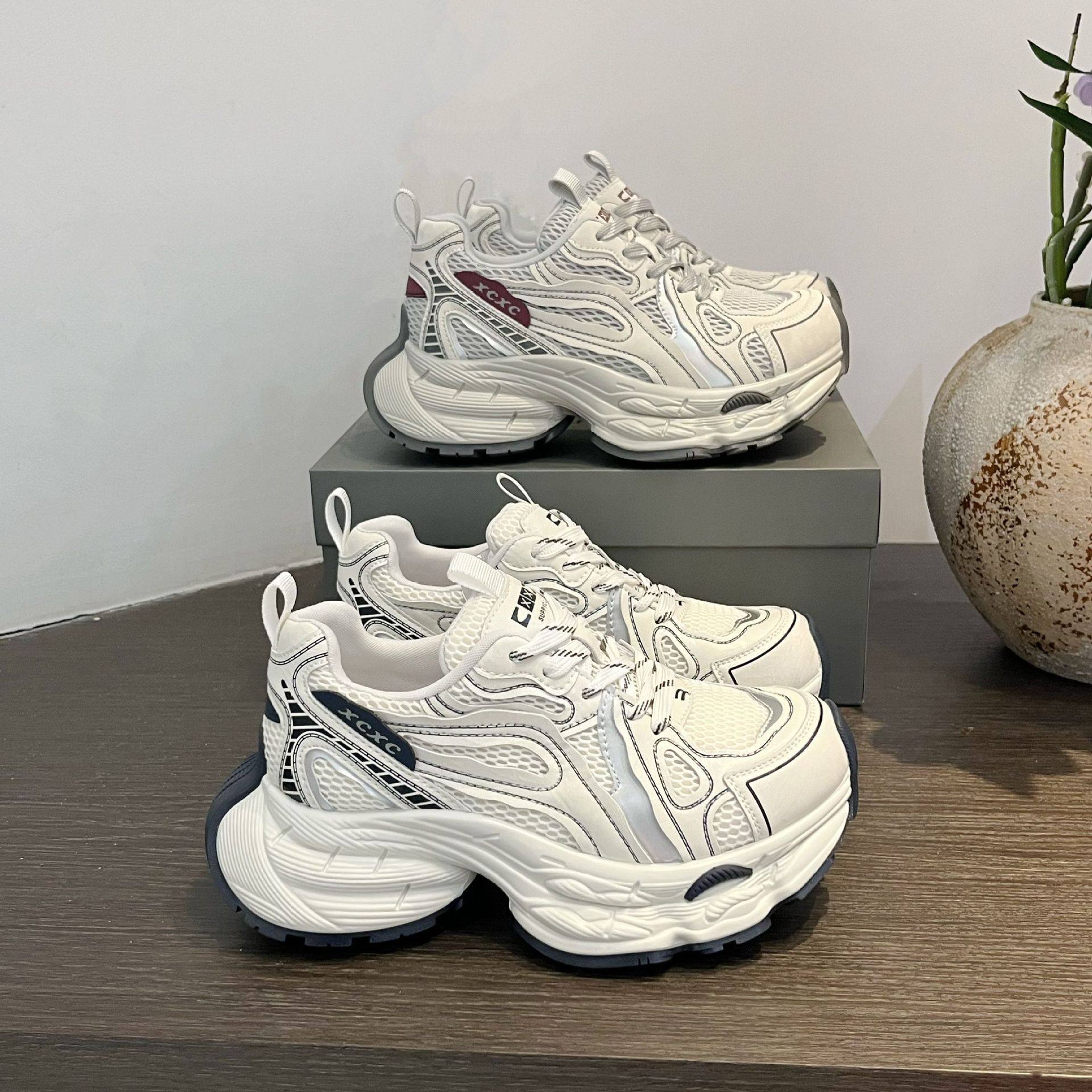 真皮网面老爹鞋女2026春季新款圆头松糕厚底防滑百搭休闲运动鞋潮,女鞋,时尚休闲鞋,淘宝优惠券,粉丝福利购,淘宝优惠卷