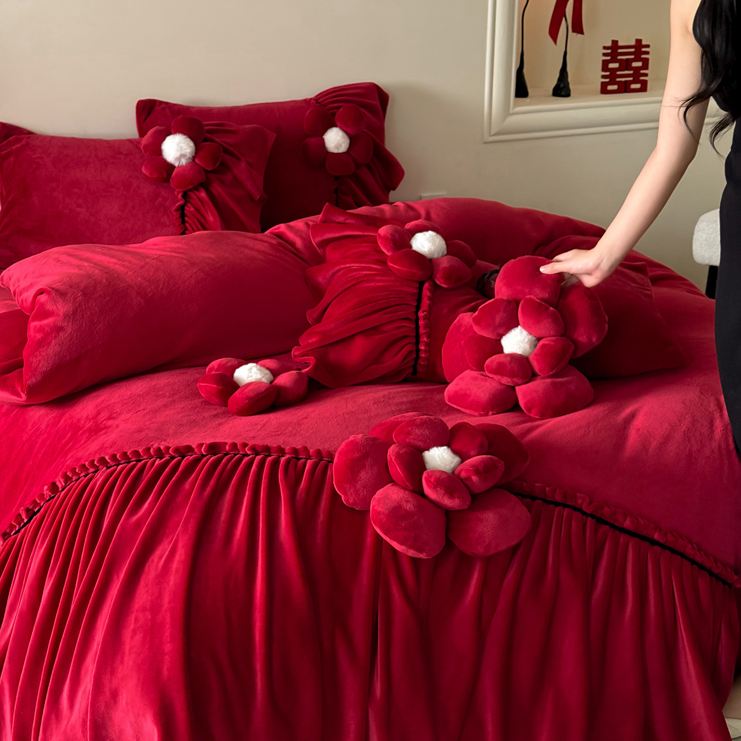 仙气立体花牛奶绒冬季四件套红色结婚喜庆被套珊瑚毛绒床单2m床品