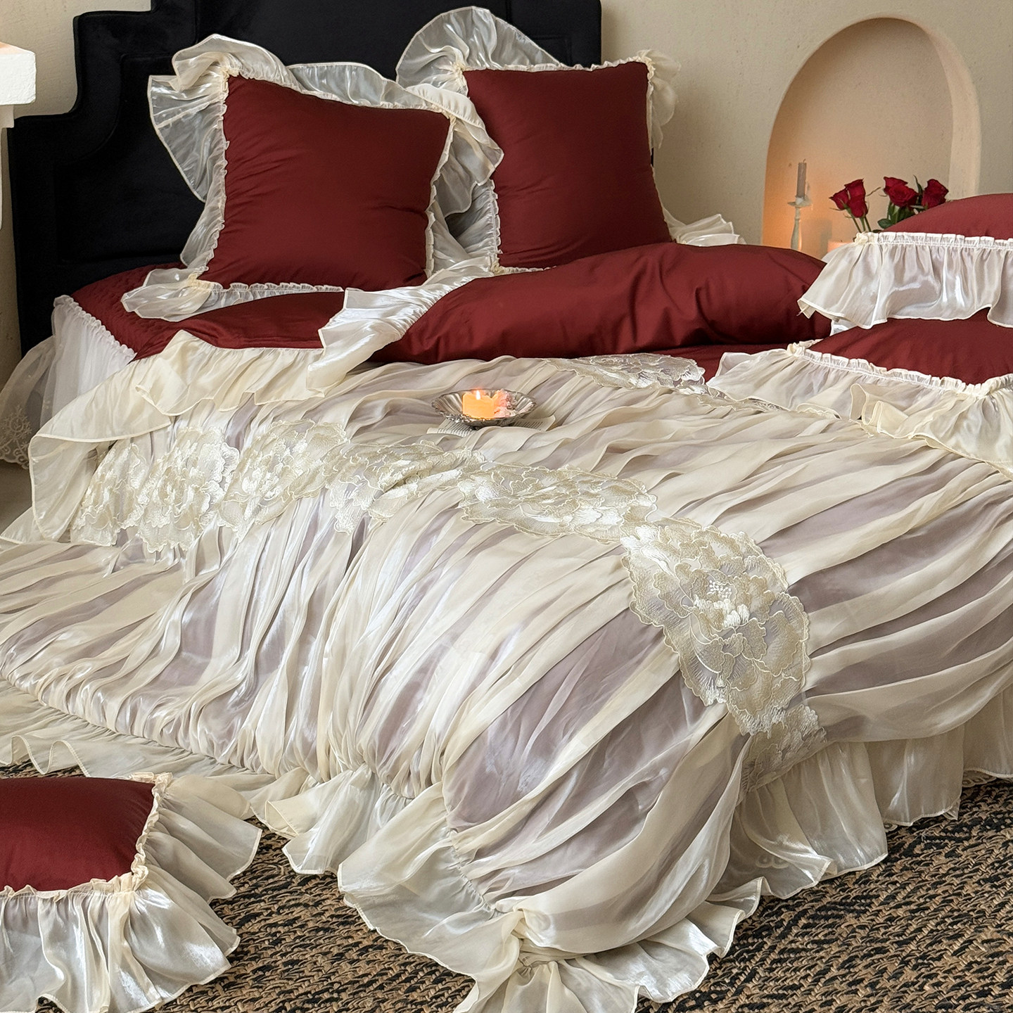 仙气公主风酒红色全棉四件套高端长绒棉被套蕾丝床单床盖结婚床品