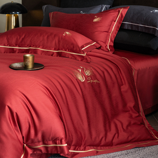 140支长绒棉四件套轻奢高级感主卧室纯棉全棉被套酒红色结婚床品
