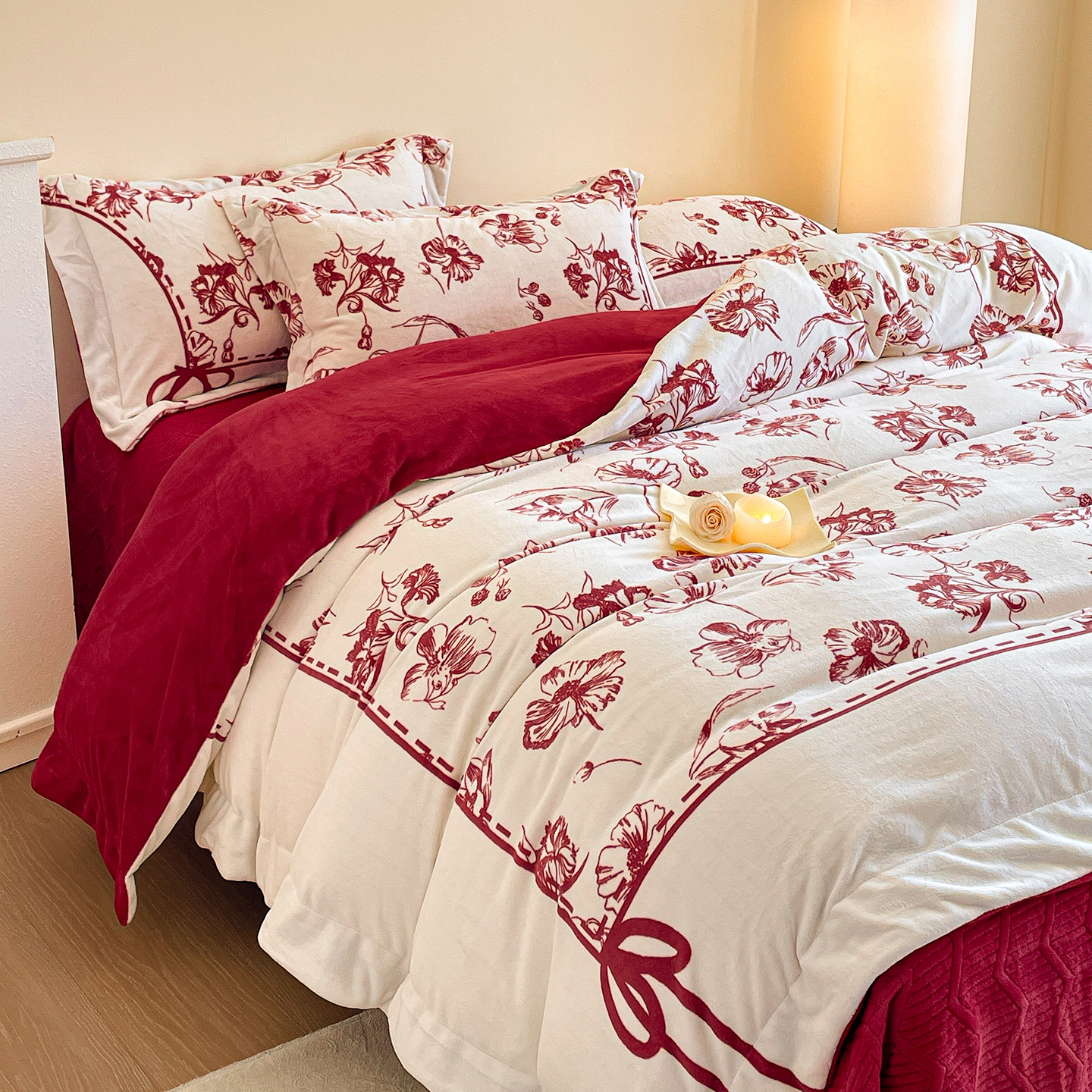 高端牛奶绒四件套红色结婚庆被套