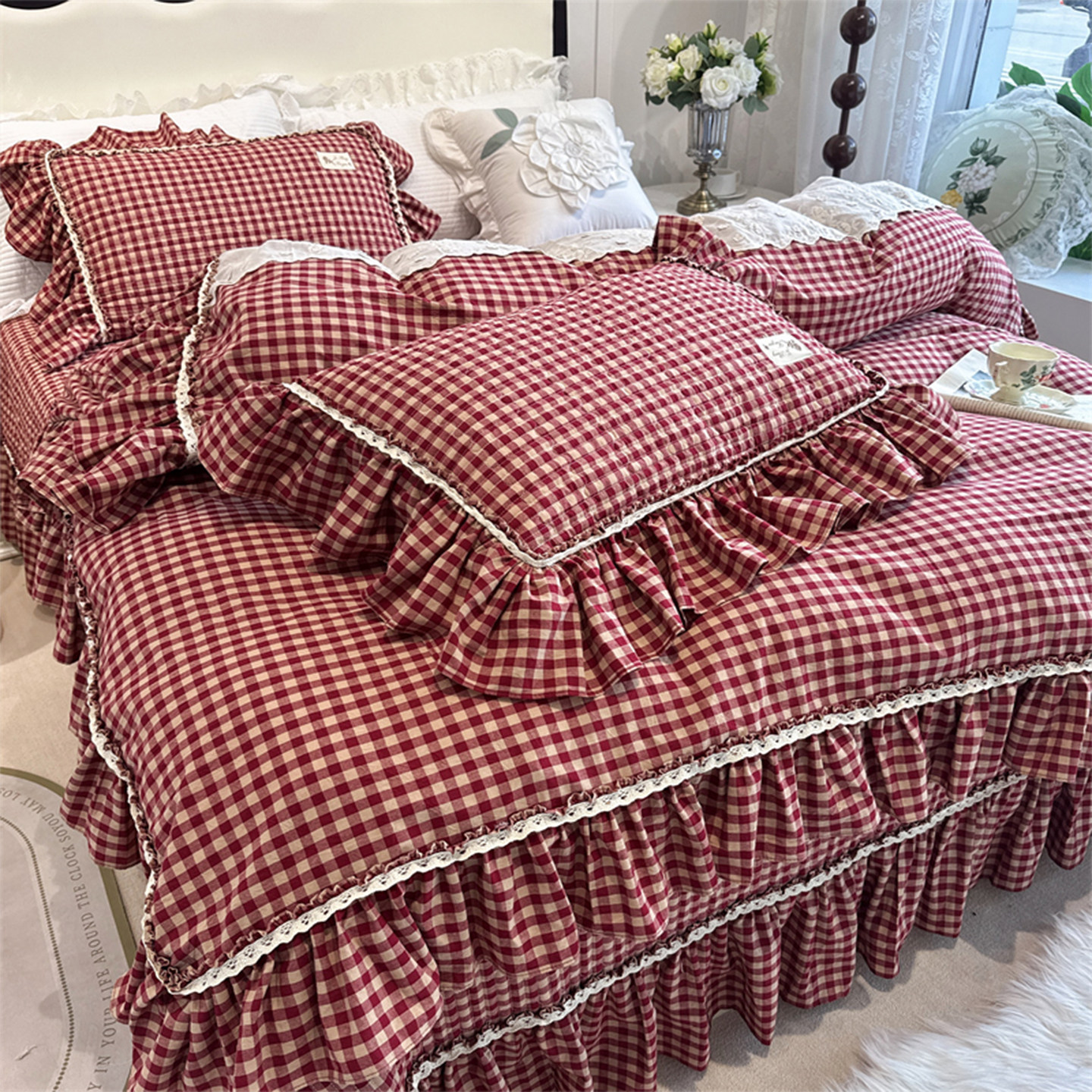 红色格子复古风全棉水洗棉四件套床盖夹棉纯棉花边被套结婚房床品