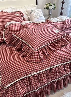 红色格子复古风全棉水洗棉四件套床盖夹棉纯棉花边被套结婚房床品