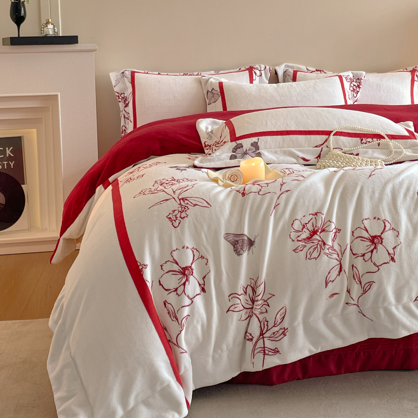 高端牛奶绒四件套红色结婚庆被套床单时尚冬季床品珊瑚法莱绒婚房