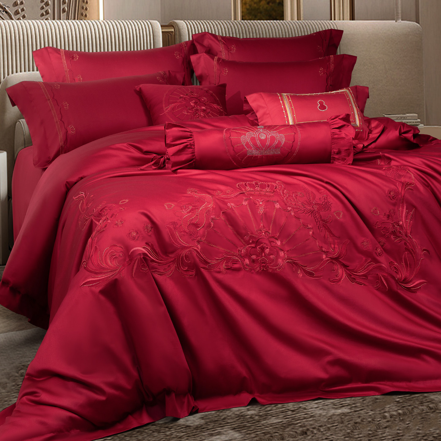 龙凤刺绣红色全棉长绒棉四件套轻奢高级感主卧室结婚被套豪华床品