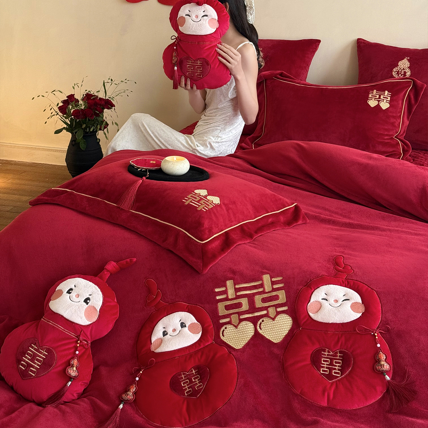 高端浪漫婚庆四件套大红色喜字