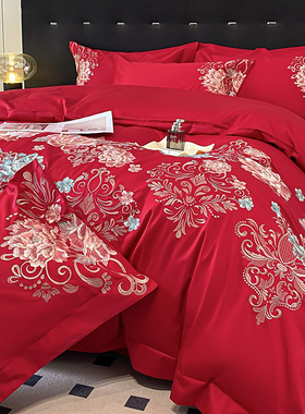 中式牡丹刺绣红色全棉喜庆四件套大气轻奢被套结婚房床单纯棉床品
