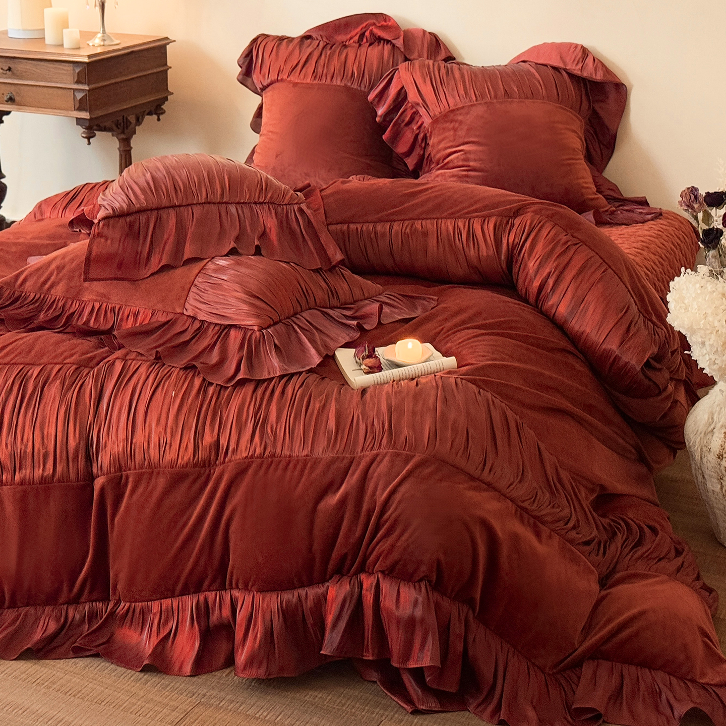 红色荷叶边褶皱冬季牛奶绒四件套